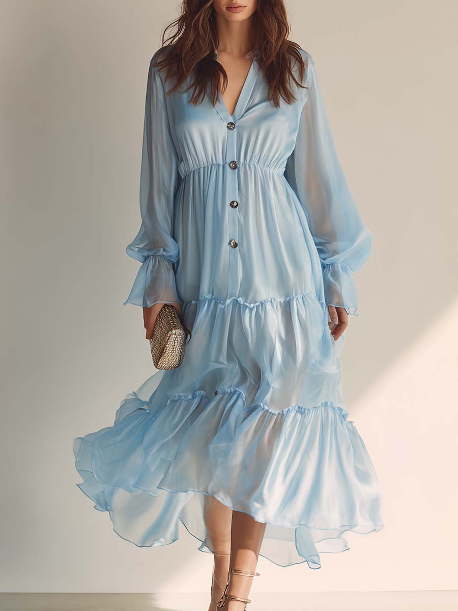 Flowy Fashion V-neck Front Button Bubble Hem Sky Blue Chiffon Midi Dress