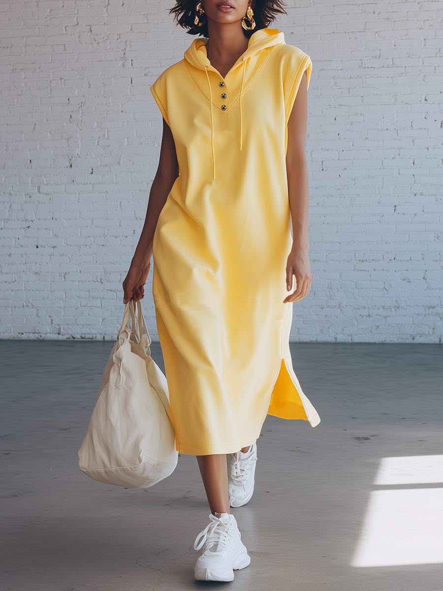 Casual Sporty Style Yellow Knitted Hooded With Buttons And Side Slits Midi Dress