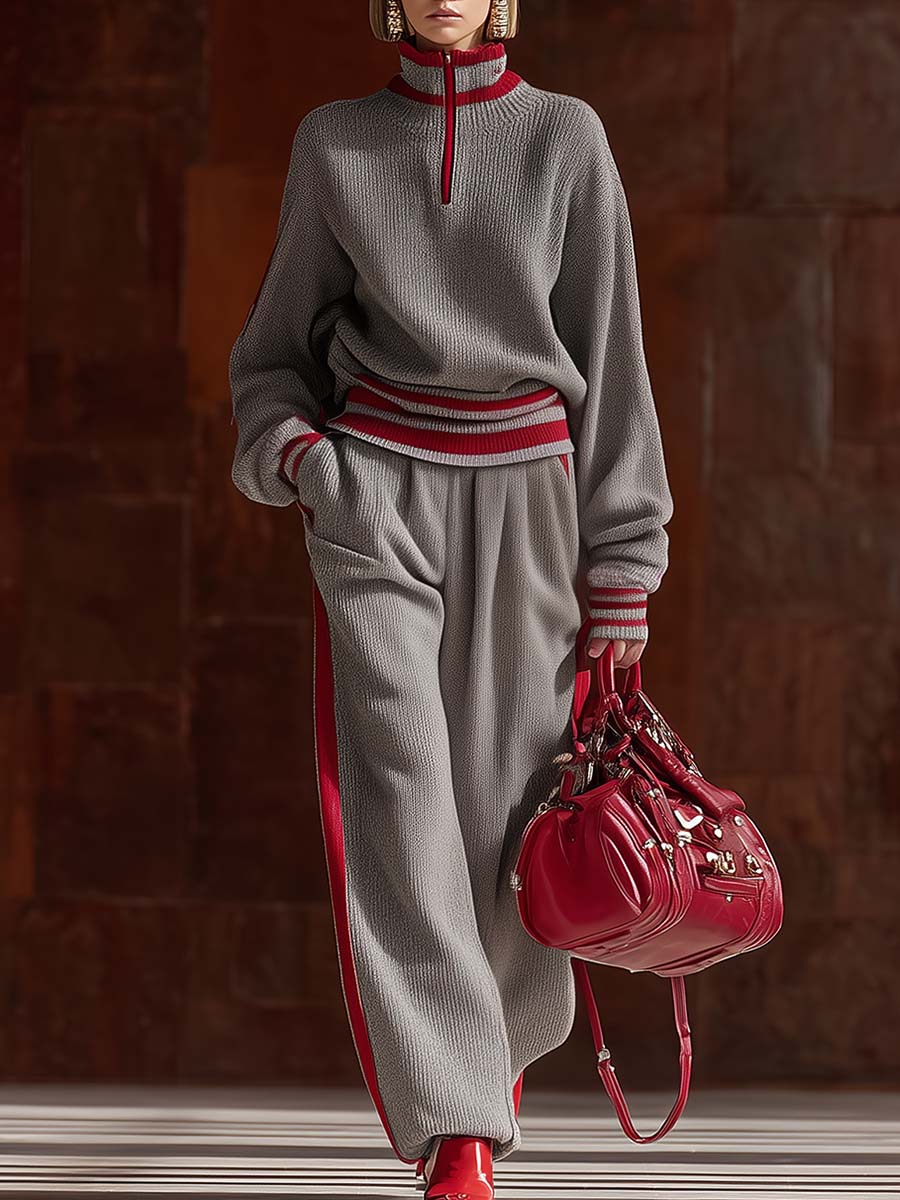 Vintage Fashion Sporty Gray Knitted Red Striped Trim High Collar Front Zip Top And Pants Set