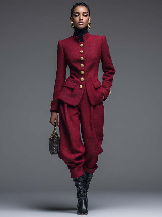 Retro Fashion Crimson Stand Collar Metal Front Button Jacket And Wide Pants Set