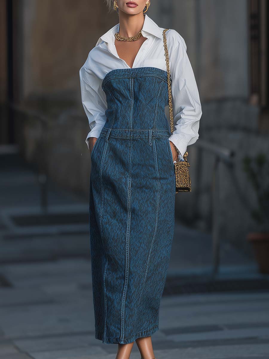 Urban Fashion Blue Tube-top Denim Maxi Dress And White Shirt Set