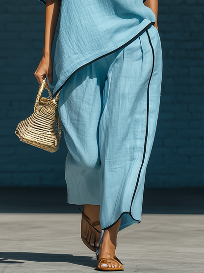Stylish Simple Loose-fitting Short-sleeved Irregular Hem Top And Wide-leg Pants Blue Cotton Set