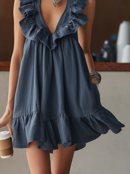 Elegant Urban V-neck Ruffled Blue-grey Denim Mini Dress