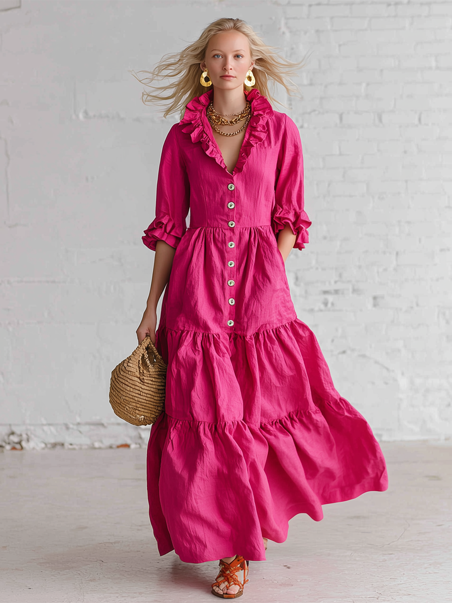 Retro Pink Cotton Linen Ruffled Button Maxi Dress