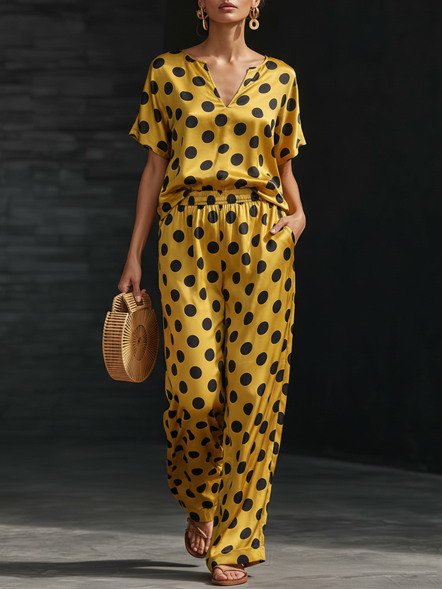 Retro Yellow Satin Satin Black Polka Dot Short sleeved Top And Wide Leg Pants Set
