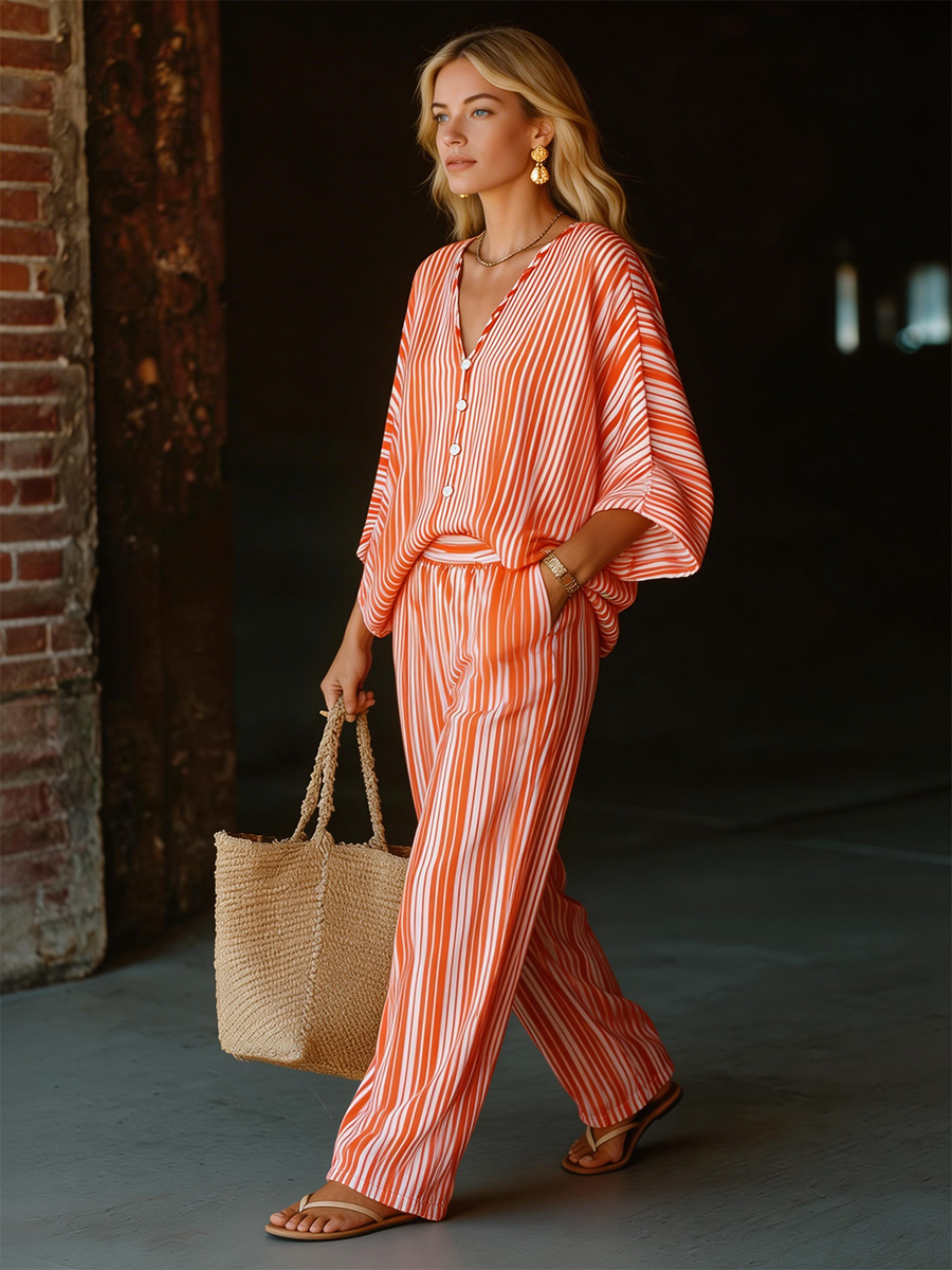 Casual Orange And White Striped Chiffon Printed V-neck Top And Wide Leg Pants Set