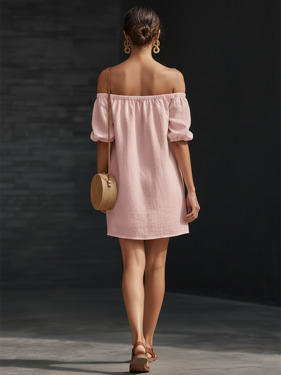 Casual Urban Pink Cotton Linen Off Shoulder Mini Dress