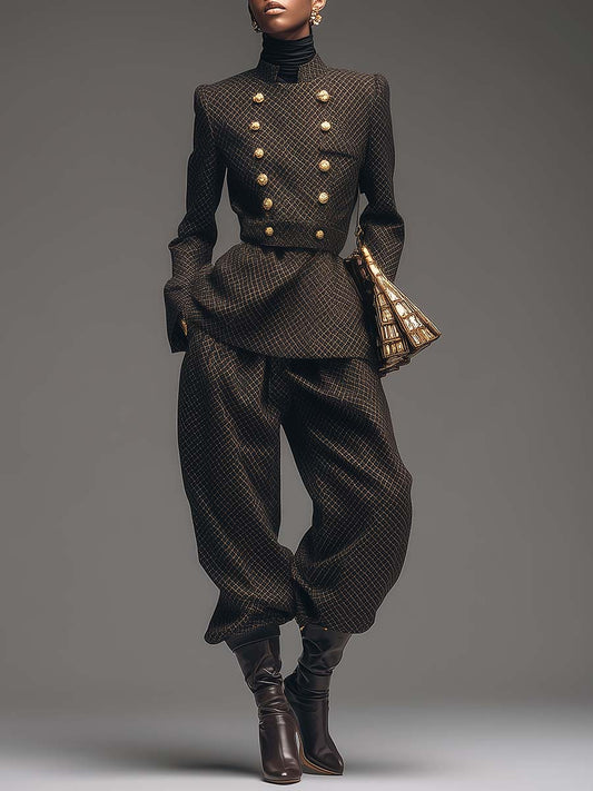 Vintage High-end Brown Diamond Check Stand Collar Double-breasted Waist Jacket And Wide Pants Set