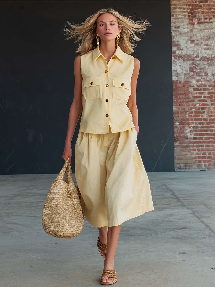 Retro Yellow Cotton Linen Collared Button Down Sleeveless Top And Wide Leg Pants Set