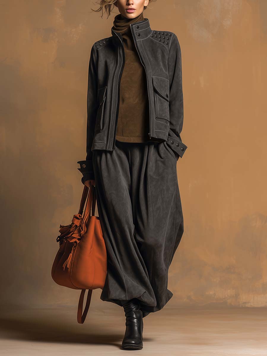 Vintage Street Distressed Dark Gray Suede Stand Collar Rivet Jacket And Wide-leg Pants Set