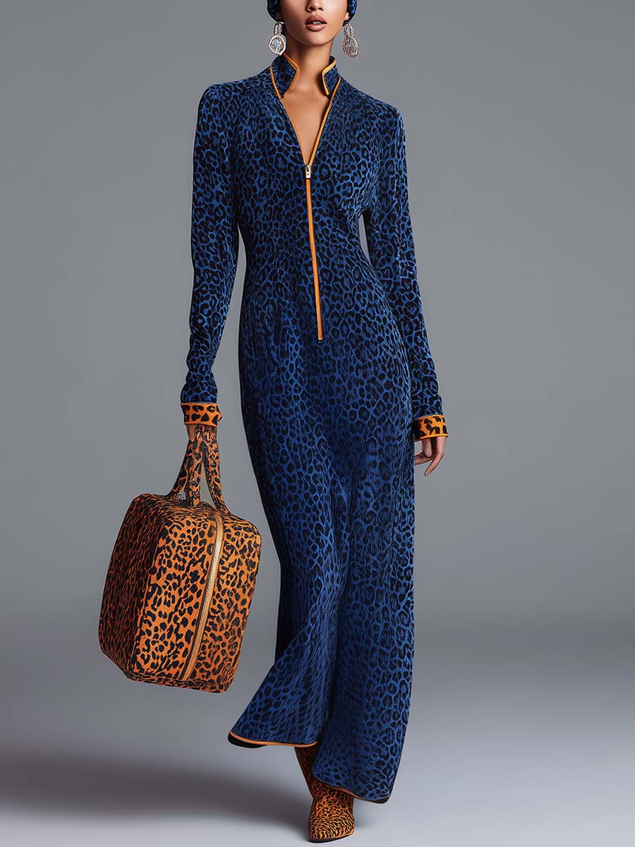 Retro Personality Stand Collar Orange Contrast Zipper Dark Blue Leopard Velvet Maxi Dress