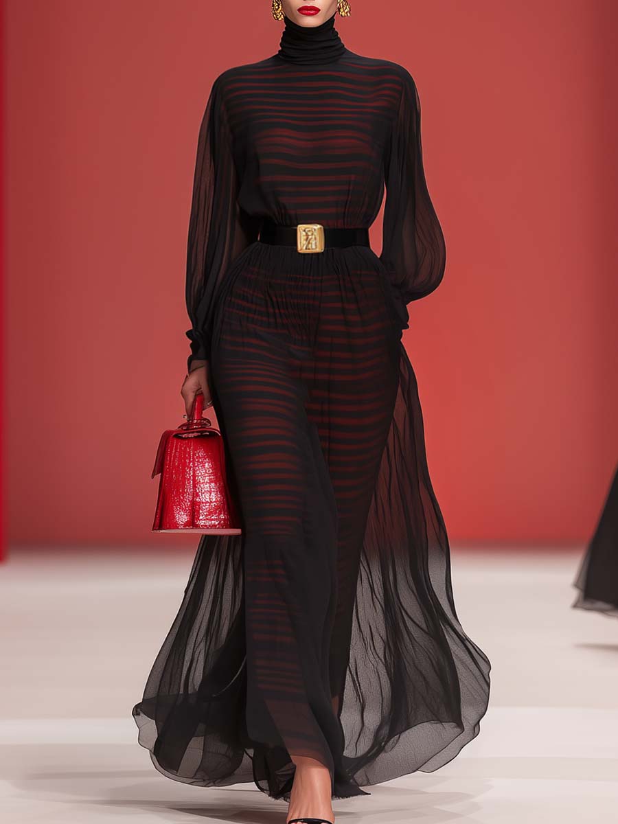 High-end Flowing High Collar Outer Cover Mesh Red Stripes Black Satin Maxi Dress