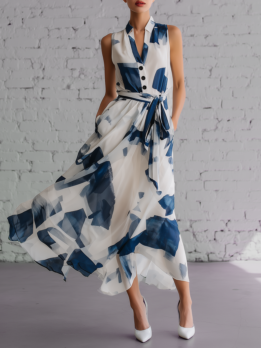 Stylish Simple Loose-fitting Sleeveless V-neck Front Button Closure Tie Waist Geometric Pattern Print Chiffon Maxi Dress