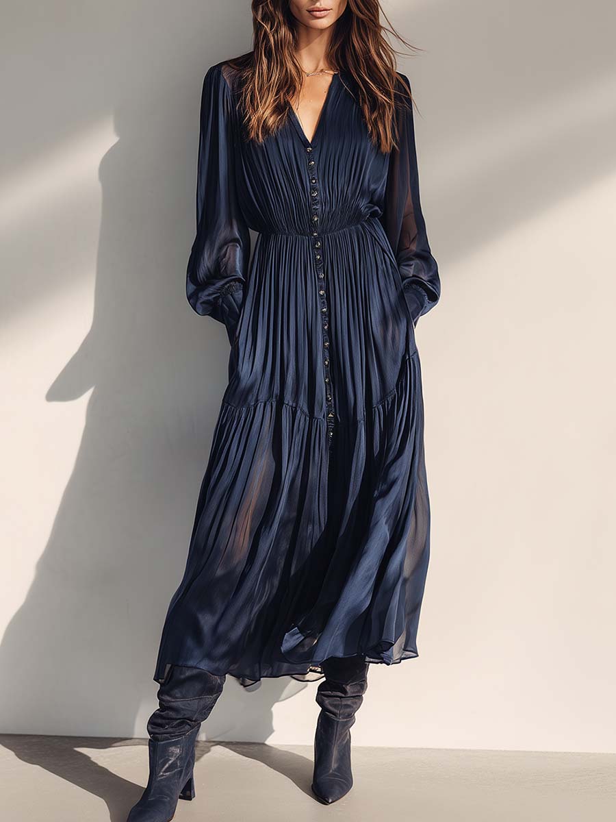 Fashion Flowing V-neck Front-button Sheer Long-sleeved Dark Blue Organza Midi Dress