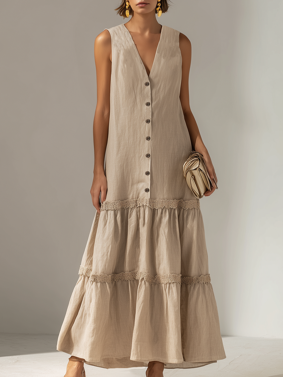 Stylish Urban Style Beige Loose Fitting Cotton And Linen V-neck Sleeveless Button Down Midi Dress