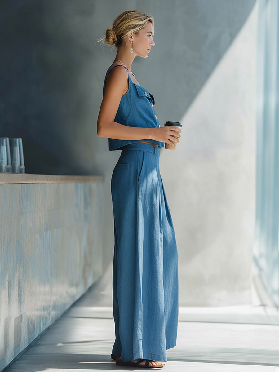 Urban Resort Blue Cotton Linen Wide-Strap Vest And Pants Set