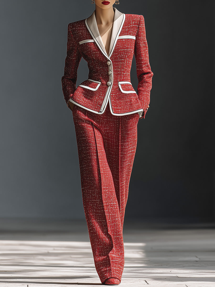 Vintage Fashion Red Tweed White Trim V-neck Front Button Jacket And Pants Set
