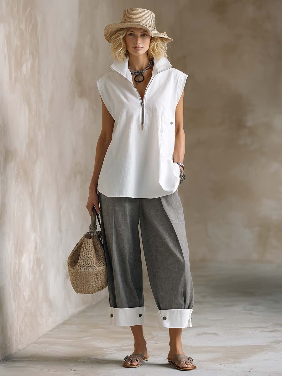 Urban Casual Retro White Cotton Collared Zip-up Top And Gray Capri Pants Set