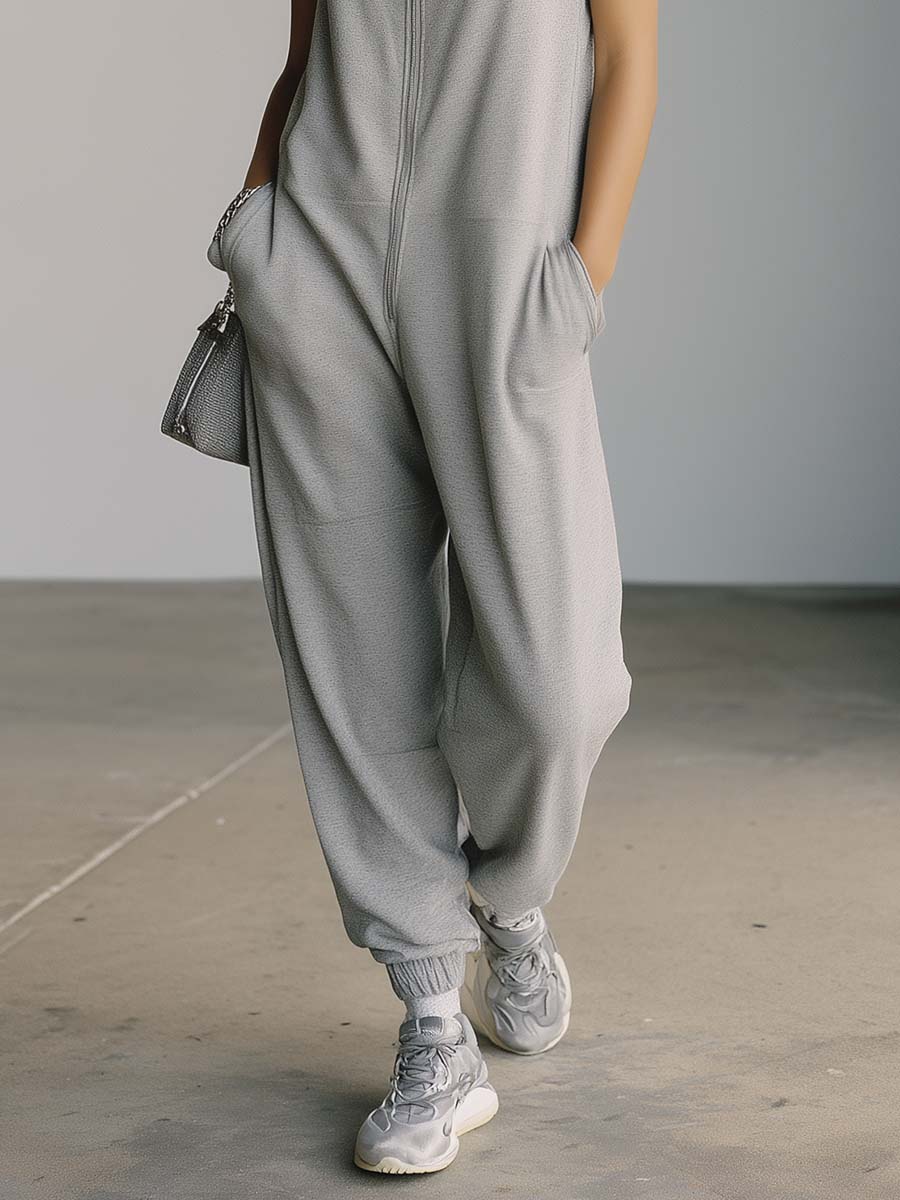 Retro Casual Sporty Hooded Front-zip Sleeveless Gray Cotton Jumpsuit
