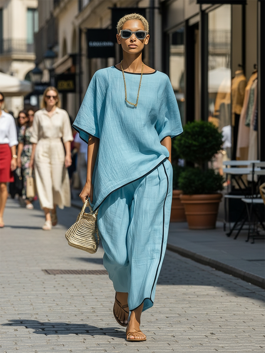 Stylish Simple Loose-fitting Short-sleeved Irregular Hem Top And Wide-leg Pants Blue Cotton Set