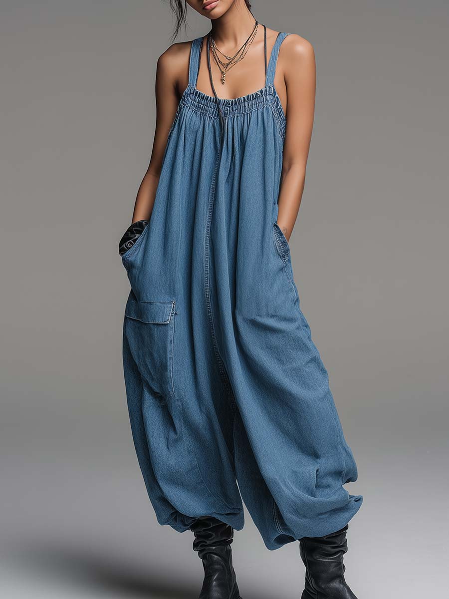 Casual Fashion Suspenders Loose Blue Denim Jumpsuit