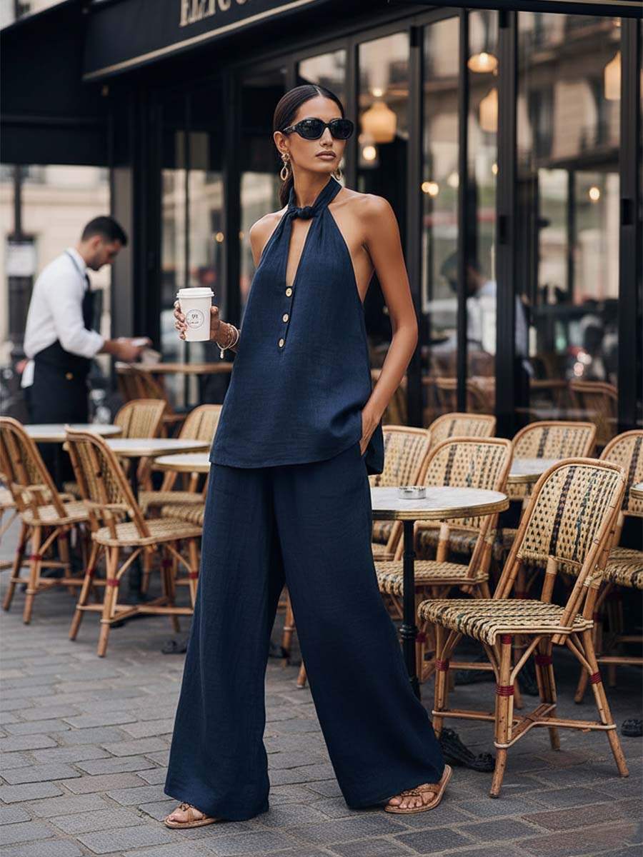 Casual Urban Halter Neck V-neck Front Button Dark Blue Cotton Linen Top And Pants Set