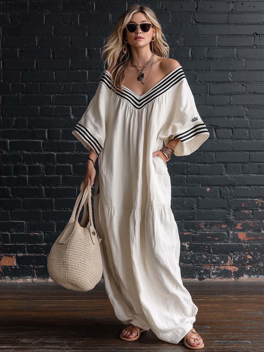 Exquisite Casual V-neck Short-sleeved Sporty Striped White Cotton-linen Maxi Dress