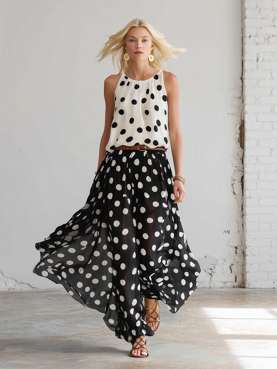 Stylish Black And White Polka Dot Chiffon Sleeveless Top And Skirt Set