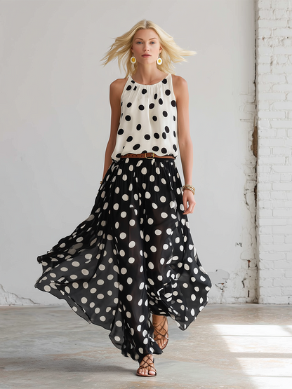 Stylish Black And White Polka Dot Chiffon Sleeveless Top And Skirt Set