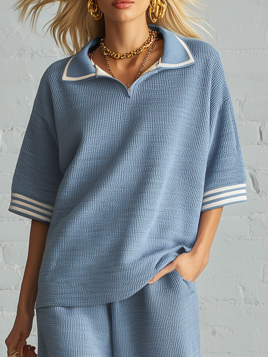 Athletic Style Blue Ribbed Knit Short Sleeve Top And Wide Leg Shorts Set
