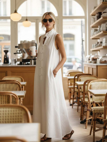 Retro Casual Urban Front-opening Button White Cotton Linen Maxi Dress