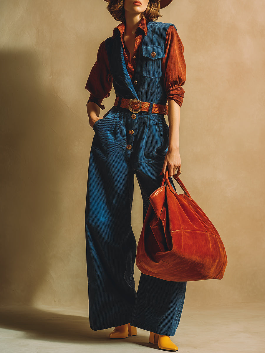 Retro And Fashionable Blue Corduroy Wide-leg Vest Jumpsuit