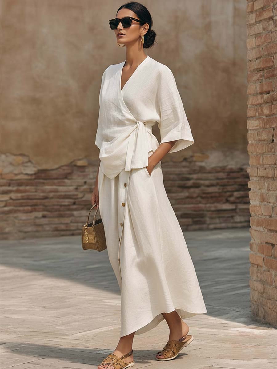 Casual And Relaxed Urban Style White Cotton Tie-front Top And Button-front Slit Skirt Set