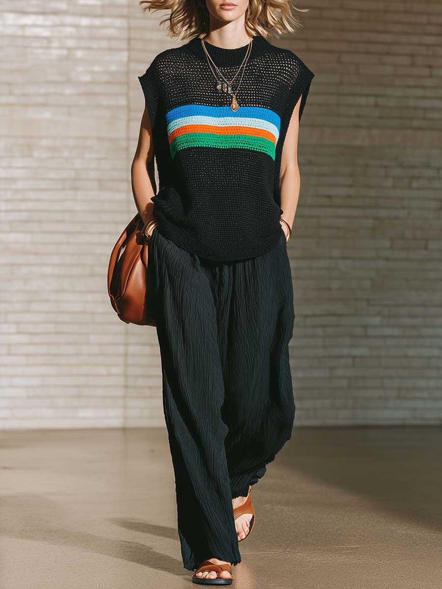 Retro Casual Urban Black Openwork Knit Top And Textured Pants Set