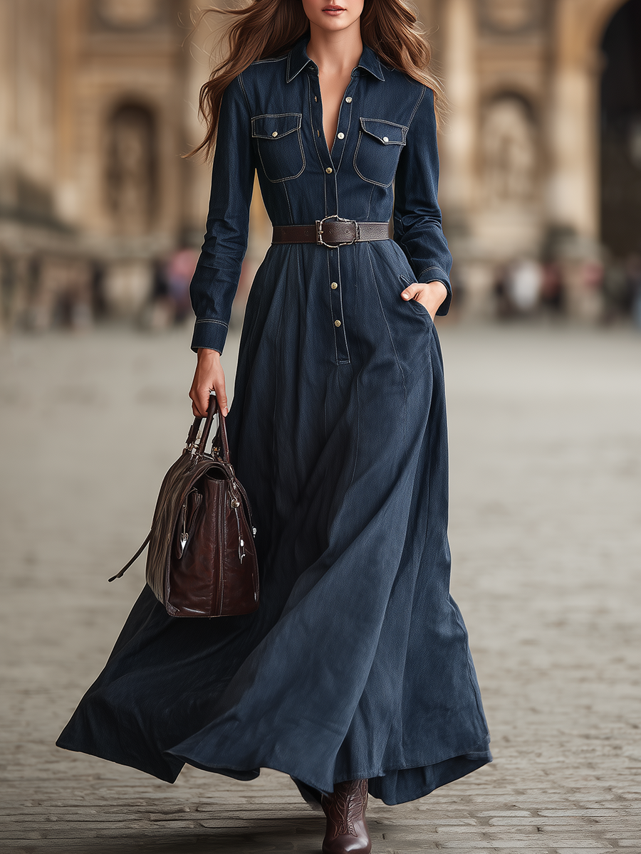 Vintage Lapel Long Sleeve Multi-Pocket Denim Dress