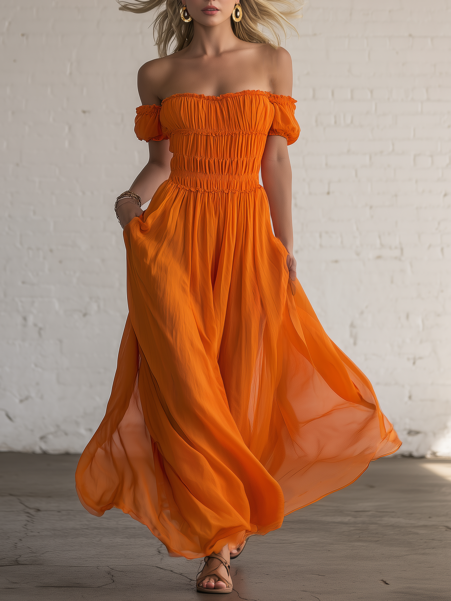 Resort Style Orange Chiffon Pleated Off Shoulder Maxi Dress