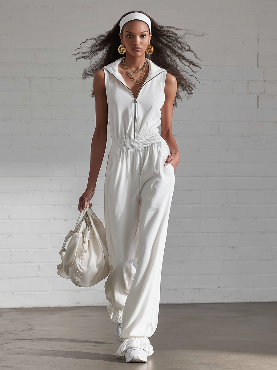Sporty White Knitted With A Lapel Collar Zipper And Ruffled Details Jumpsuit