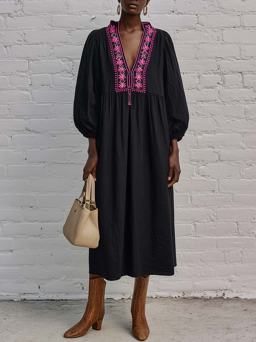 Exquisite Fashion Ethnic-style Embroidered V-neck Black Cotton Midi Dress