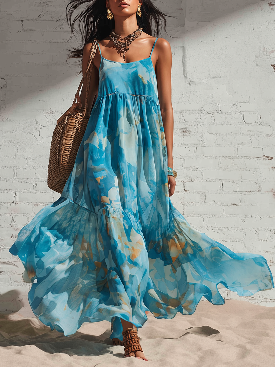 Vacation Style Blue Chiffon Strappy Printed Maxi Dress