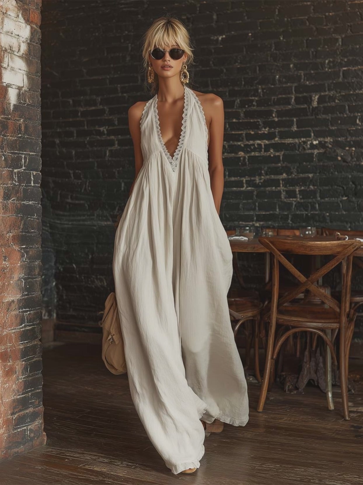 Retro Urban Bohemian V-neck Lace Trim Sleeveless Off-white Cotton Jumpsuit