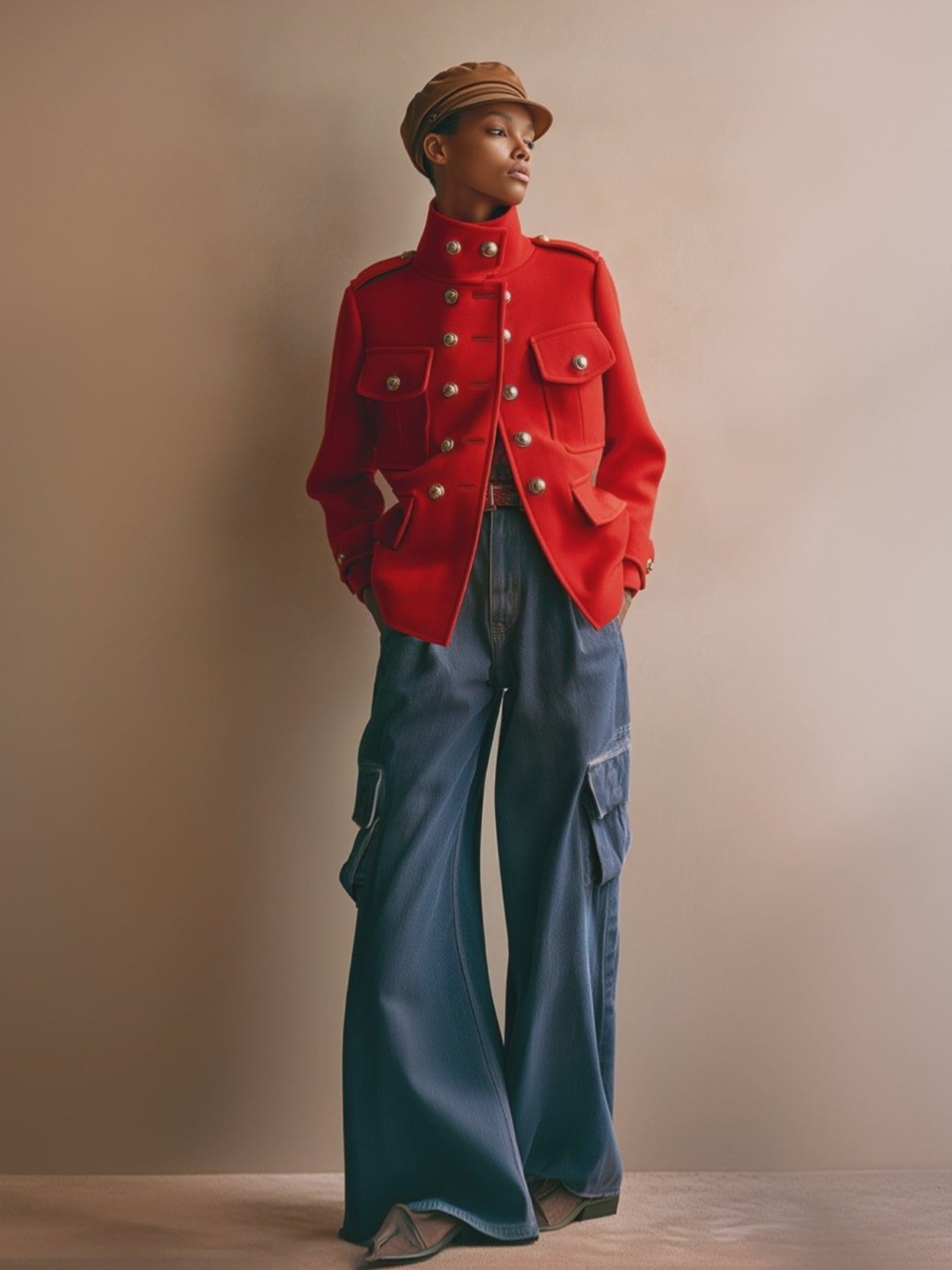 Vintage Loose Gold Button Red Wool Jacket