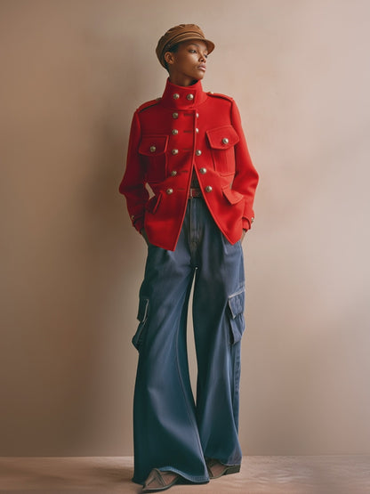 Vintage Loose Gold Button Red Wool Jacket