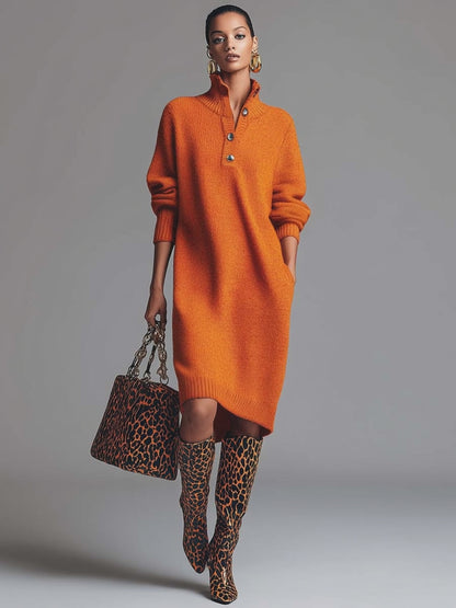 Comfortable And Fashionable Lapel Front Button Orange Knitted Midi Dress