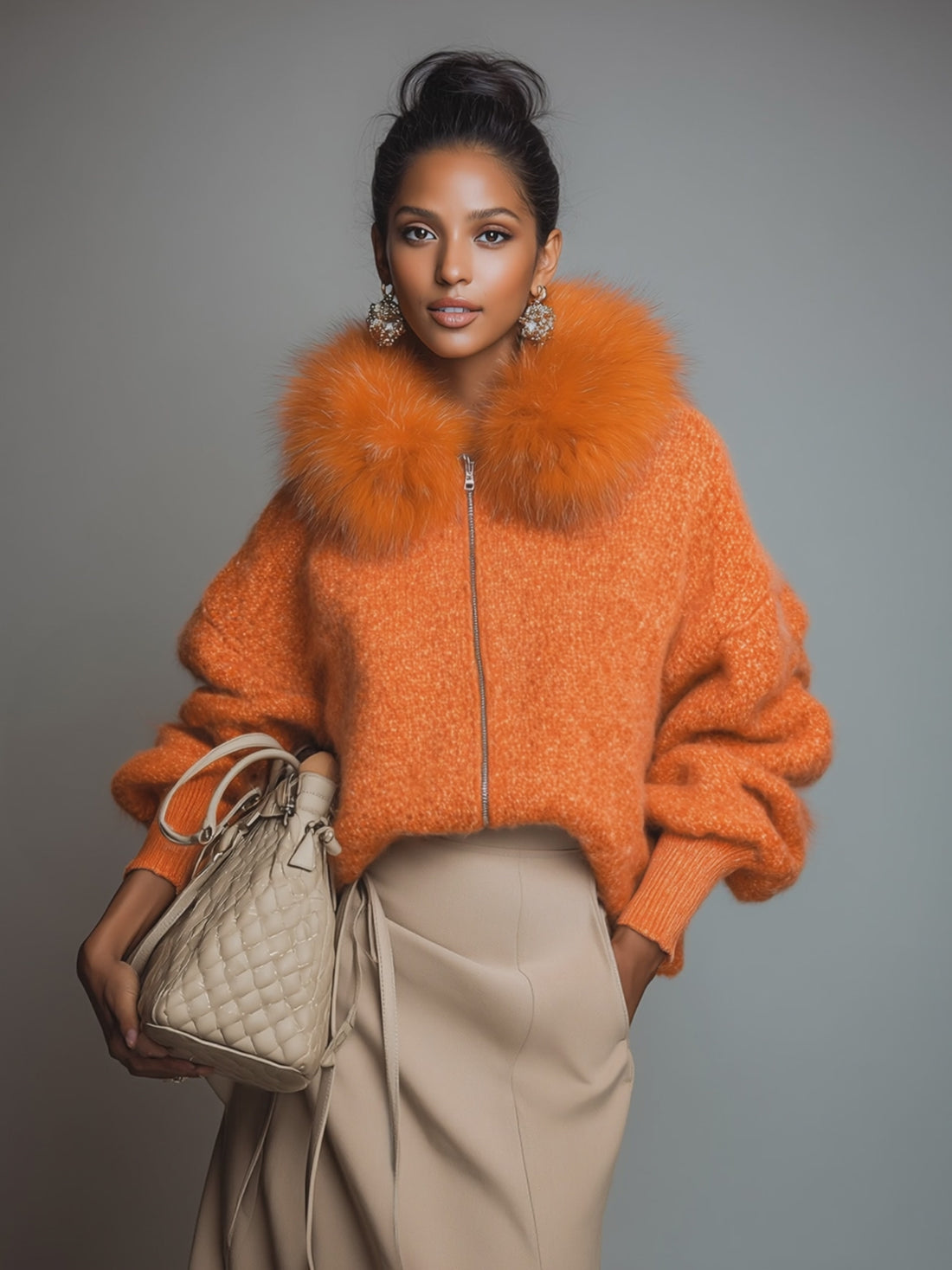 Casual Loose Faux Fur Collar Orange Zipper Front Cardigan
