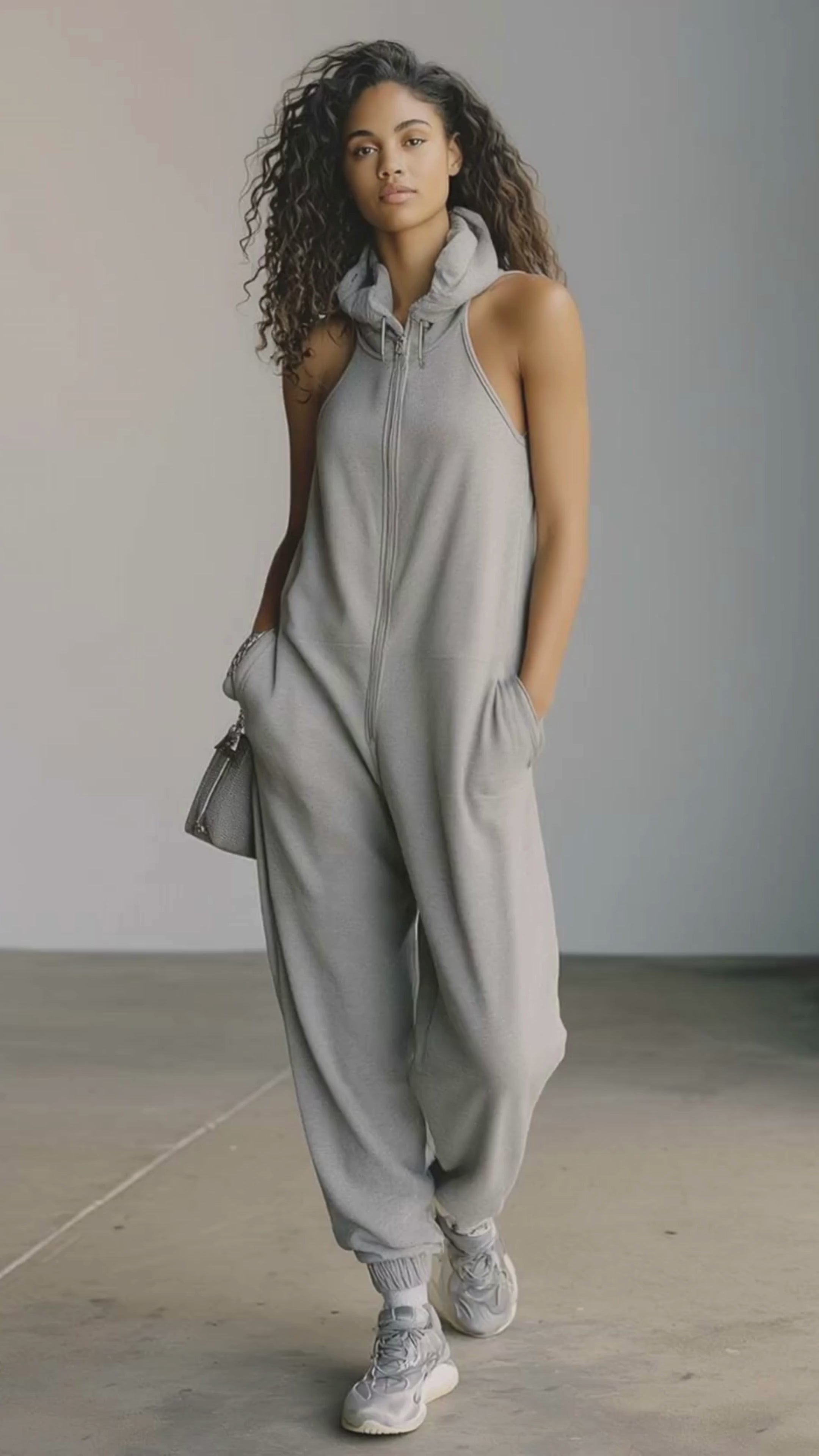 Retro Casual Sporty Hooded Front-zip Sleeveless Gray Cotton Jumpsuit